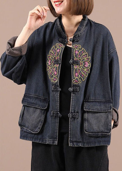 Black Button Embroideried Pockets Spring Denim Jackets