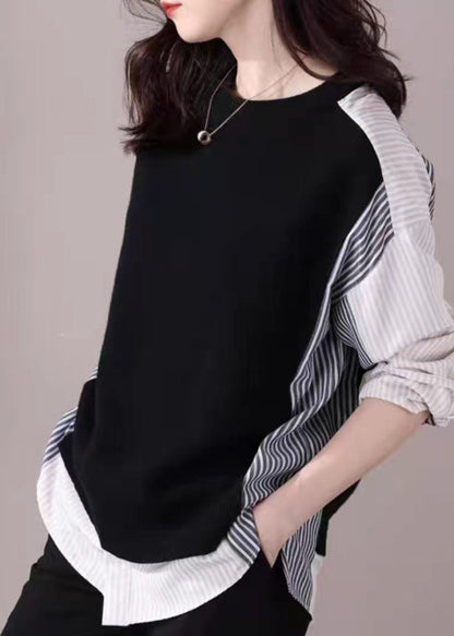 Black O-neck Striped Patchwork Shirt Fake Two Top Spring