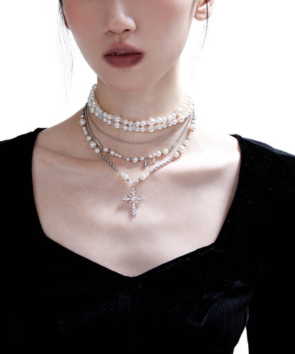 Pearl Cross Two Piece Set Alloy Layering Pendant Necklace