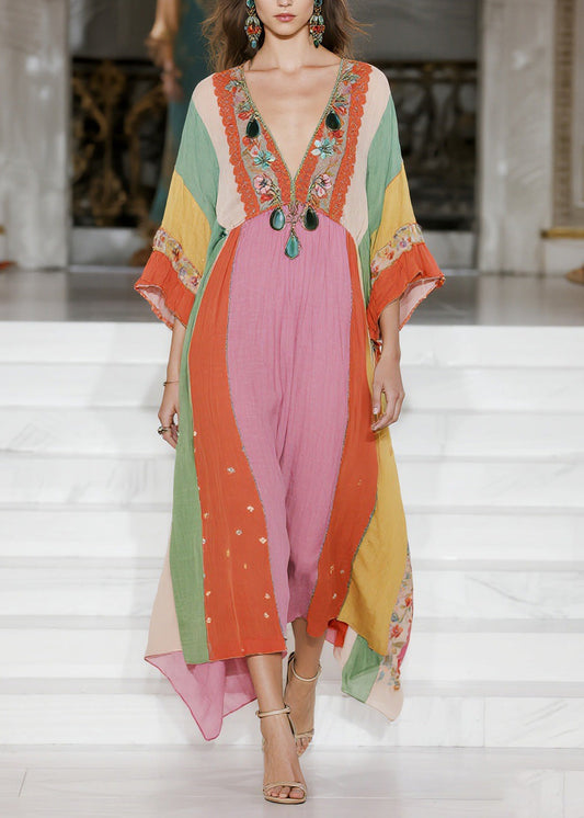 Loose Colorblock V Neck Cotton Dress Summer