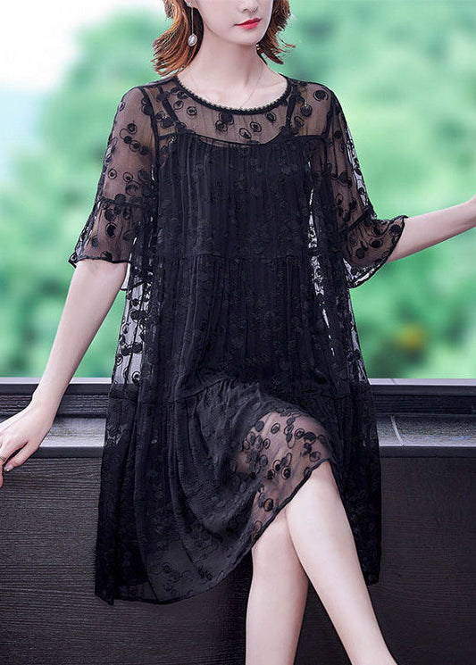 Fine Black O-neck Embroideried Wrinkled Tulle Dress Two Pieces Set Summer
