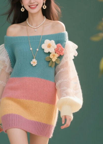 French Colorblock Cold Shoulder Tulle Knit Dress Fall
