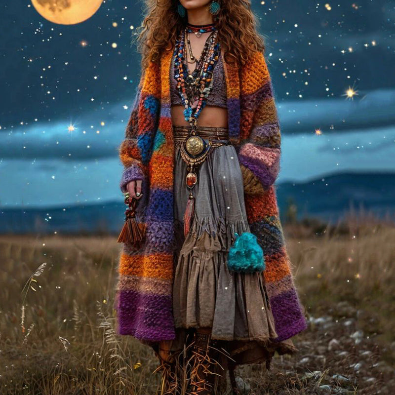 Cotton Bohemian Long Cardigan with Sunset Gradient Stripes and Fringe Details