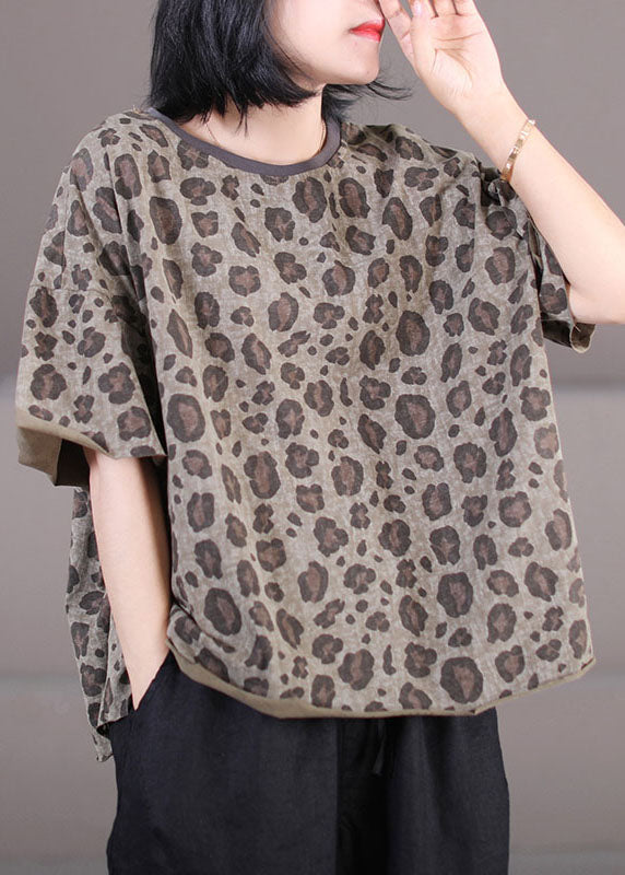 Modern Grey O-neck Oversized Leopard Print Cotton Tank Tops Short Sleeve