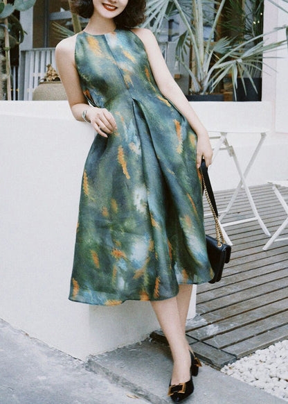 French Green Print High Waist Silk Long Dress Sleeveless Summer