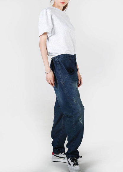 Navy Pockets Patchwork Denim Straight Pants Summer