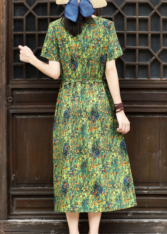 Green Square Collar Tie Waist Patchwork Fake Two Piece Dresses Short Sleeve
