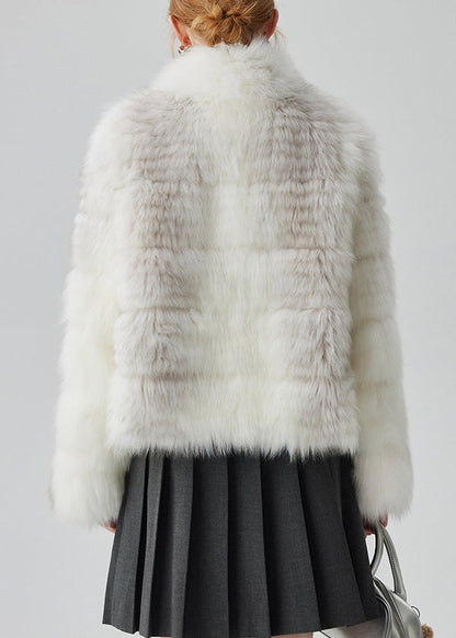 White Pockets Original Design Leather and Fur Coat Stand Collar
