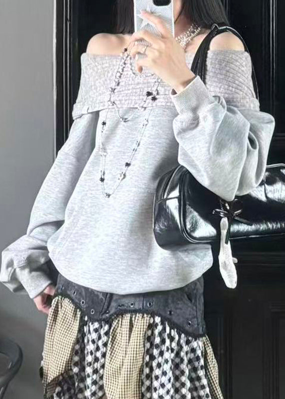 Grey Slash Neck Patchwork Sweatshirt Lantern Sleeve