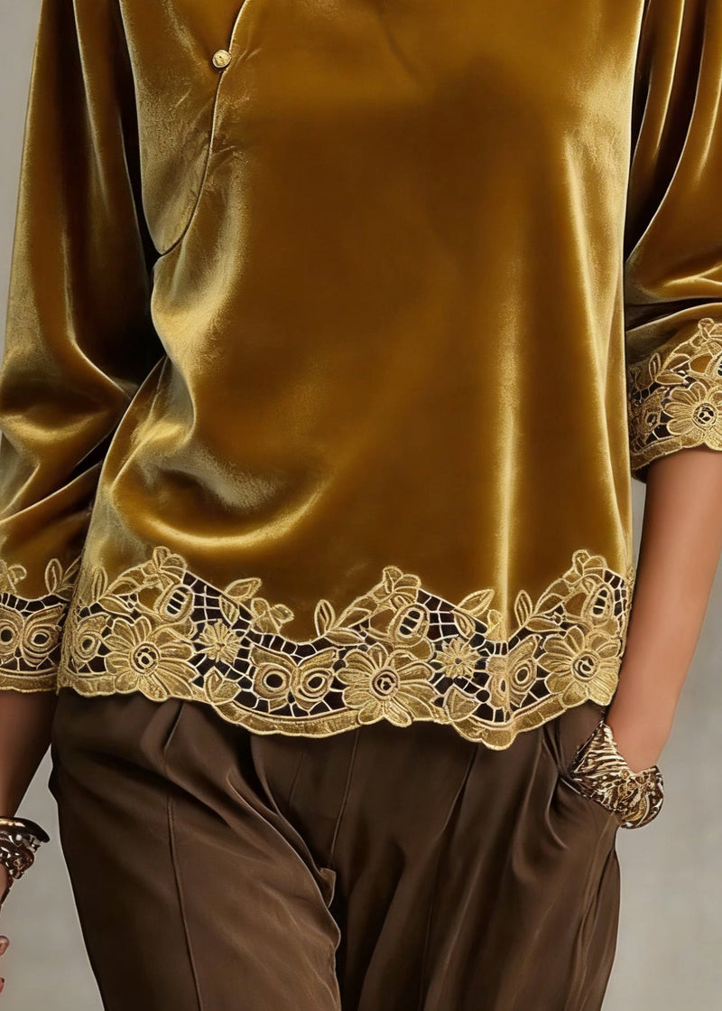 Handmade Yellow Hollow Out Button Shirt Spring