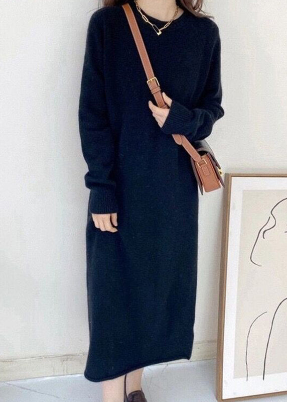 Black O-neck Maxi Cashmere Knit Dress Long Sleeve