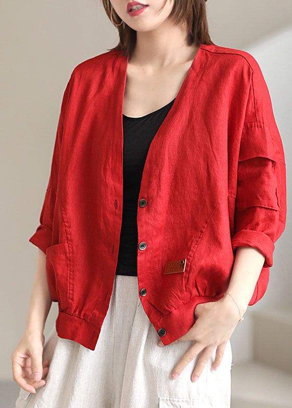 Red V Neck Pockets Fall Coats Long Sleeve