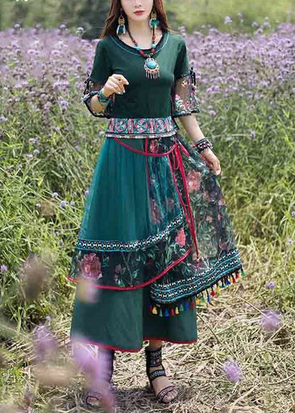 Green O-neck Top and Skirts Tulle Two Piece Set Summer