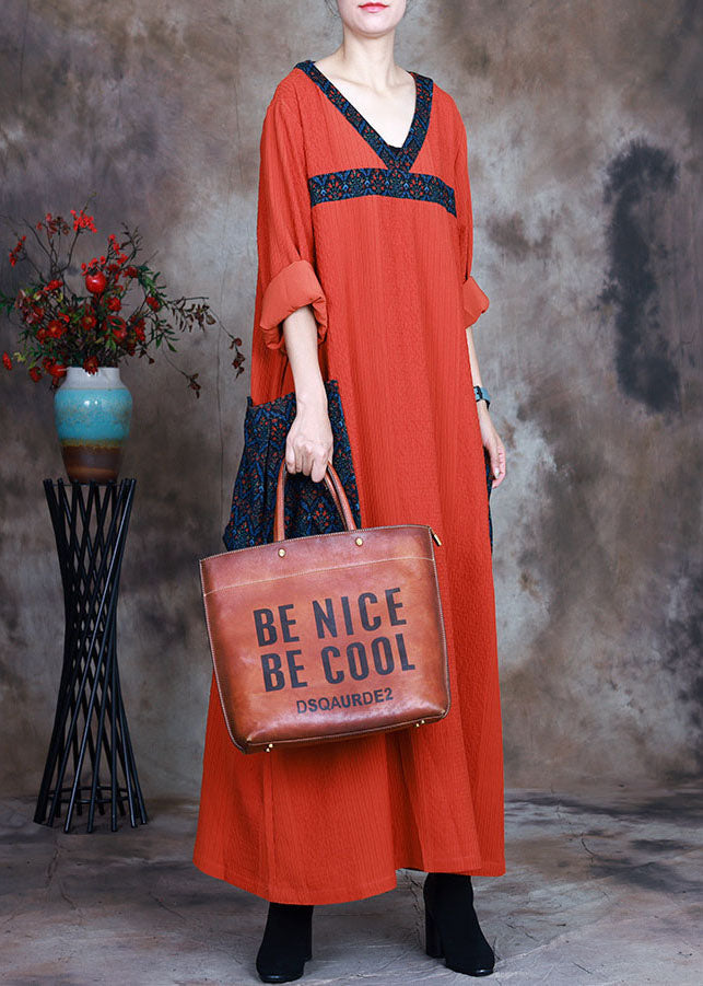 Orange V Neck Pockets Print Fall Long Sleeve Dresses