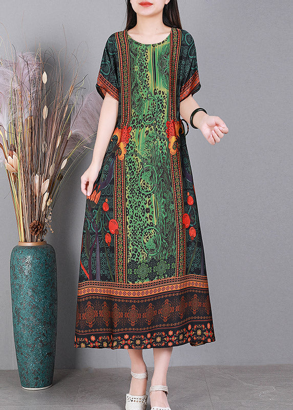 Simple Green O-neck Print Silk Long Dresses Short Sleeve