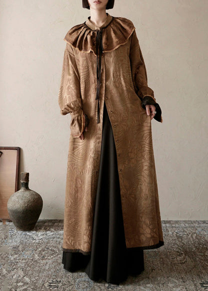 Chocolate Ruffled Print Patchwork Silk Long Dress Spring