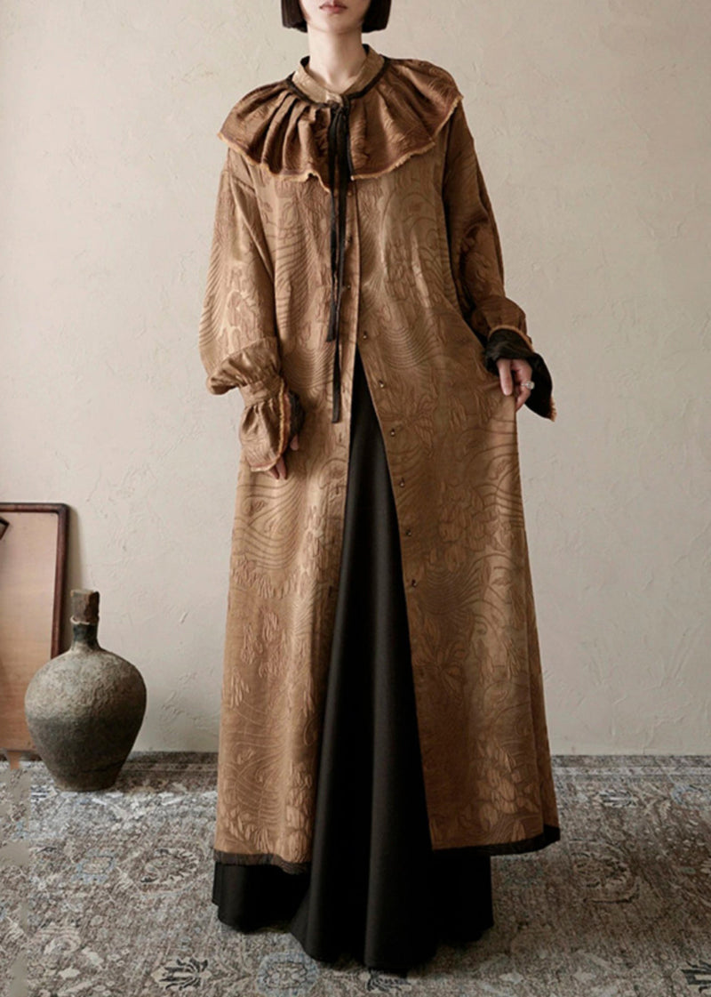 Chocolate Ruffled Print Patchwork Silk Long Dress Spring