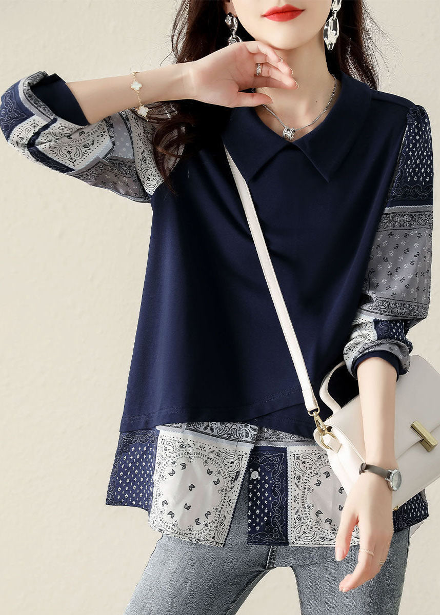 French Navy Peter Pan Collar Patchwork Cotton Fake Two Piece Sweatshirt Spring