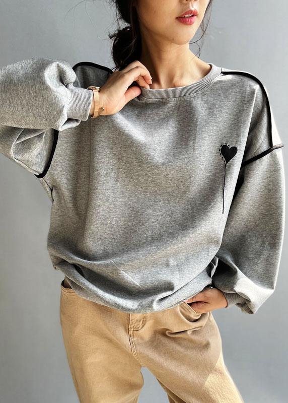 Grey Loose Embroideried Patchwork Fall Sweatshirt Street Wear