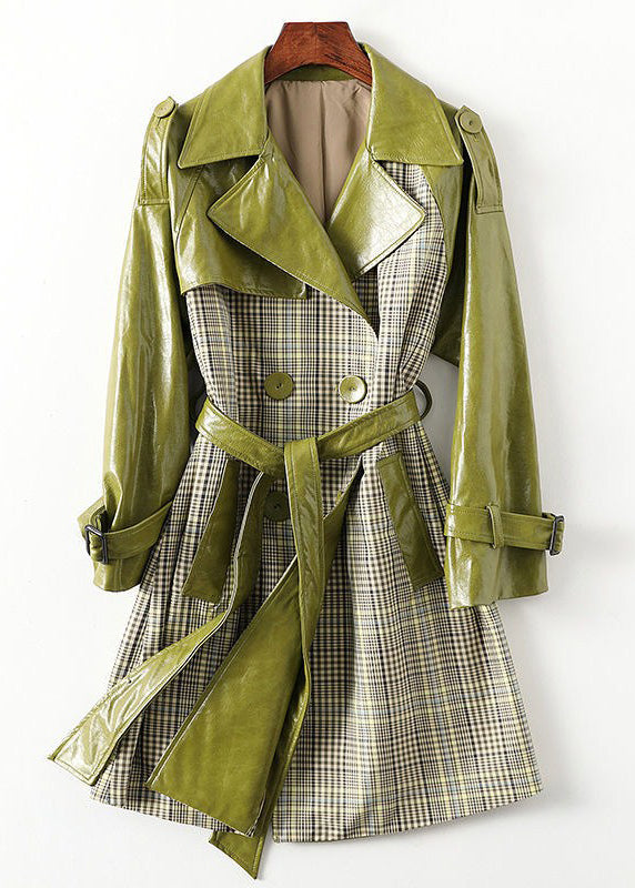 Green Peter Pan Collar Striped Patchwork Tie Waist Button Pockets Leather Trench Coats Long Sleeve