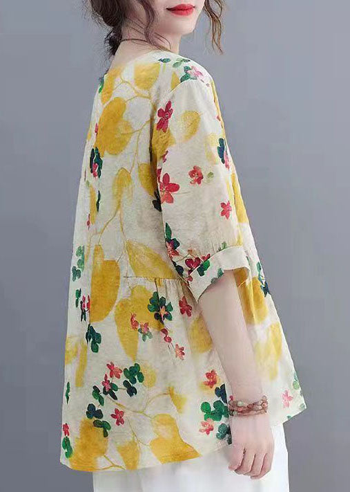Yellow O Neck Print Patchwork Linen Tops Summer