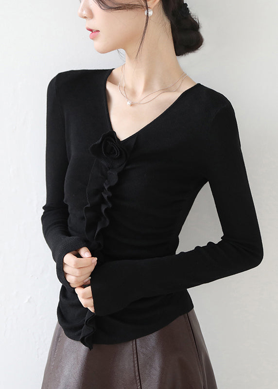 Fitted Red V Neck Ruffled Knit Top Spring
