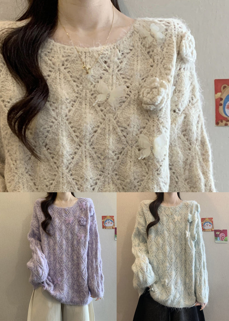 Blue Hollow Out Knit Knit Shirts O Neck Long Sleeve