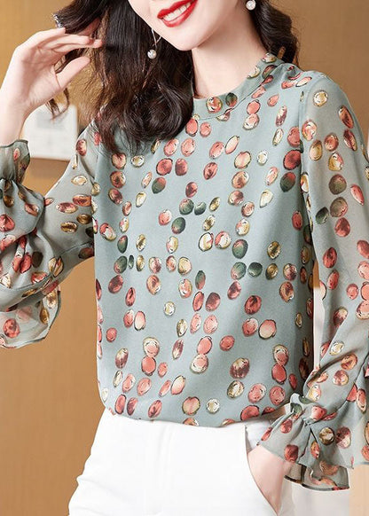 Light Green O-neck Asymmetrical Print Chiffon Shirt Top Spring