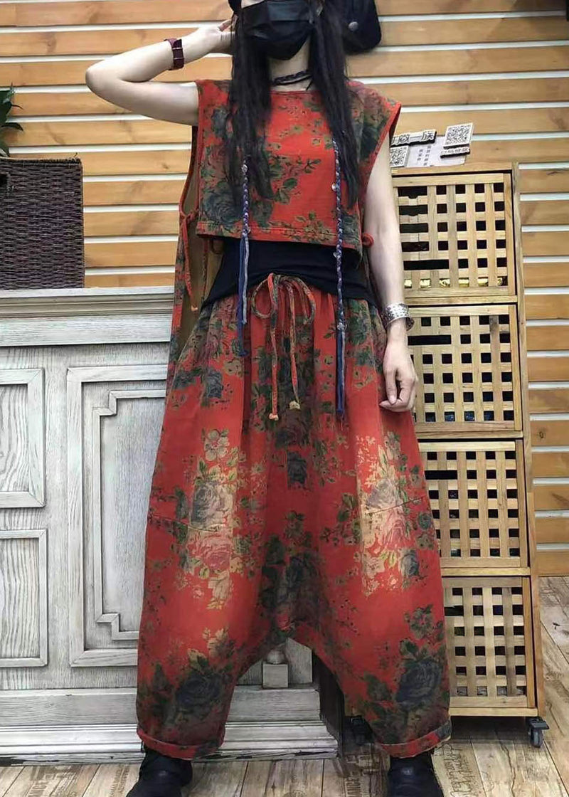 Organic Red O-neck Print Low High Design Fall Sleeveless Two Pieces Set
