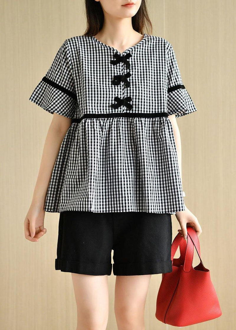 French Black White Plaid V Neck Summer Cotton Top Short Sleeve