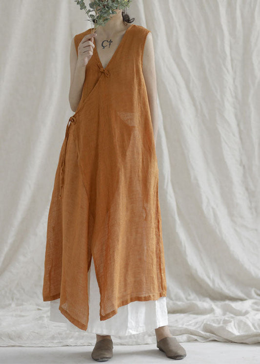 Orange Tie Waist Linen Holiday Dress Asymmetrical Sleeveless