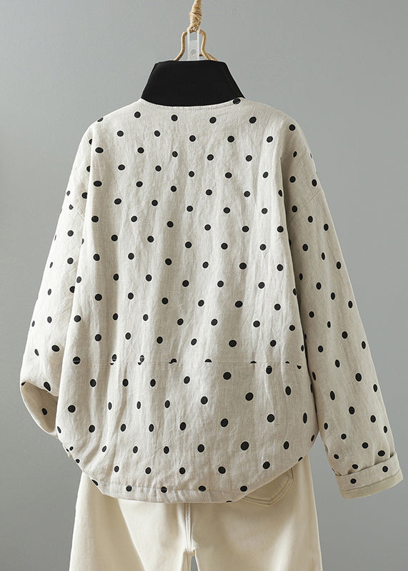 Apricot O Neck Pockets Dot Print Fine Cotton Filled Jackets Spring