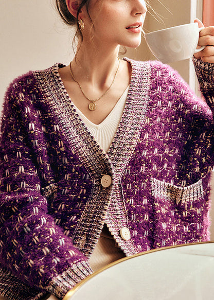 Purple Button Pockets Patchwork Knit Coats Spring