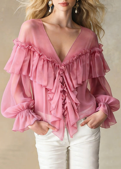Stylish Pink V Neck Ruffled Chiffon Shirts Spring