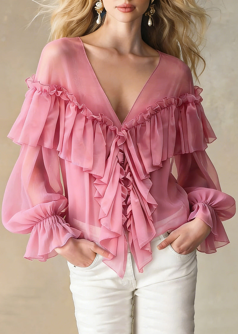Stylish Pink V Neck Ruffled Chiffon Shirts Spring