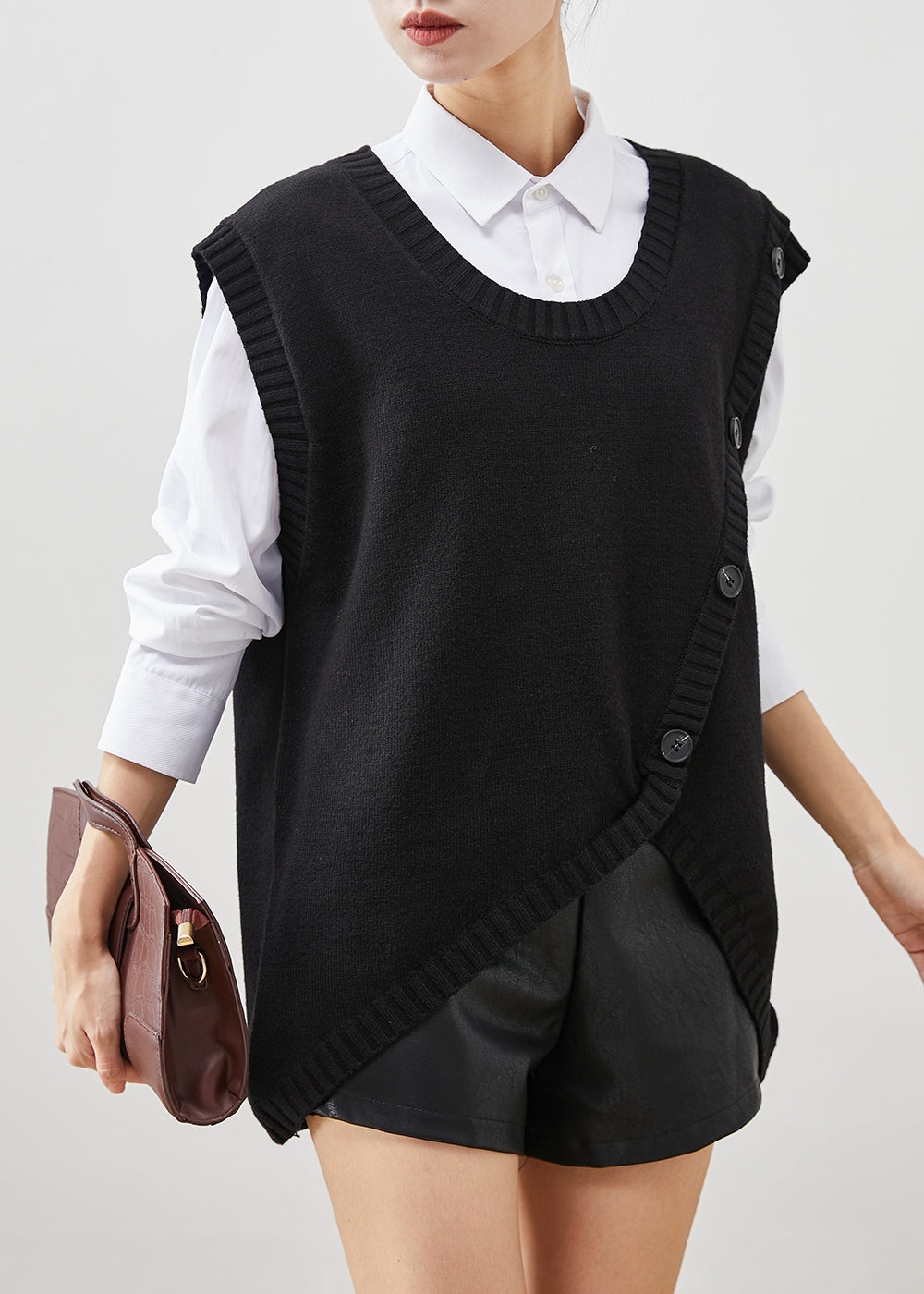 Black Asymmetrical Patchwork Knit Vest Top Fall