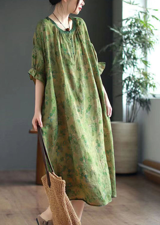 Green O Neck Print Linen Long Dresses Half Sleeve