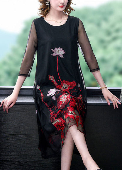 Stylish Black O-neck Embroideried Tulle a Line Dress Bracelet Sleeve