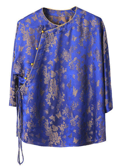 Jacquard Blue O-neck Button Tie Waist Silk Shirts Half Sleeve
