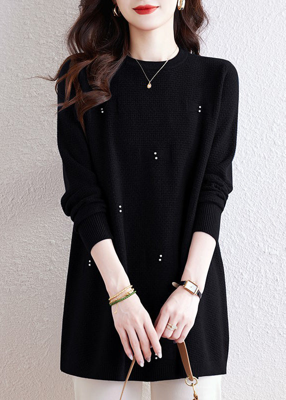 Natural Coffee O-neck Nail Bead Cotton Knit Sweaters Winter
