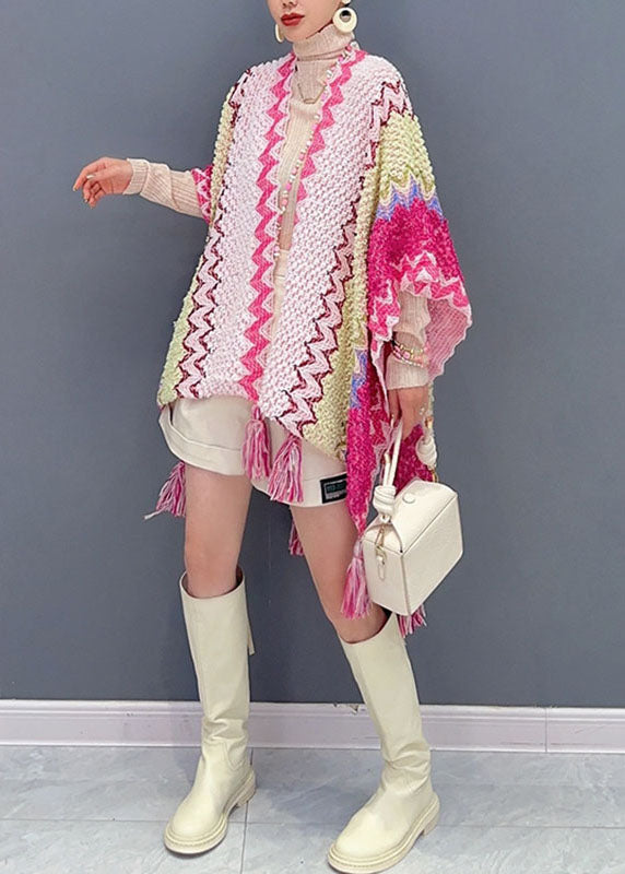 Diy Pink Striped Patchwork Tassel Knit Cape Fall