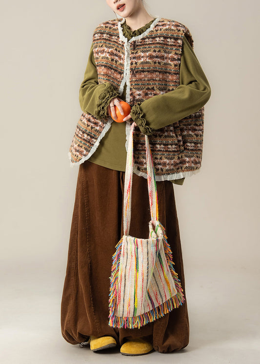 Japanese Style Faux Fur Vest Lace Patchwork Top and Pants 3 Piece Outfit Winter