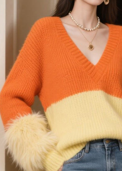 Cozy Colorblock Patchwork Faux Fur Short Sweater V Neck Winter