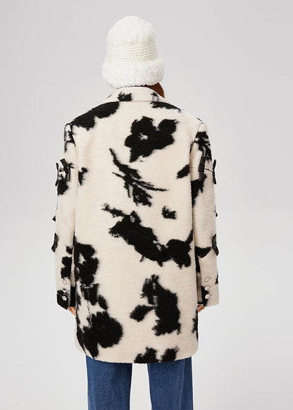 Black White Print Bow Woolen Coats Spring