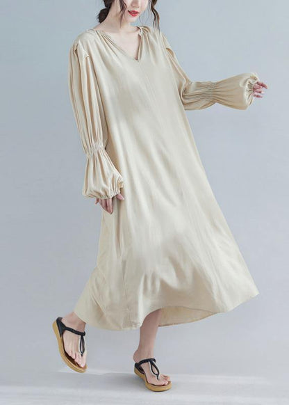 V Neck Spring Clothes Tunic Khaki Maxi Dress