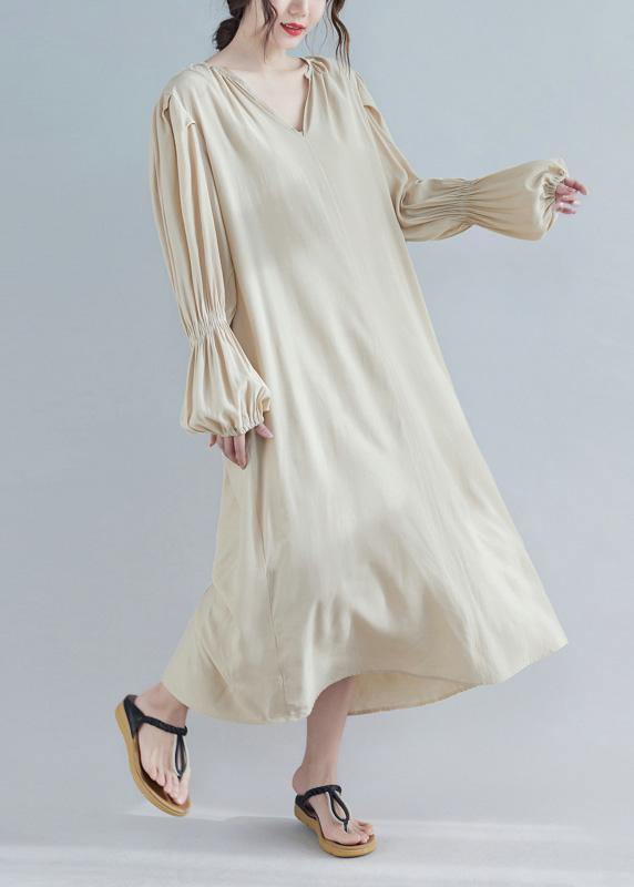 V Neck Spring Clothes Tunic Khaki Maxi Dress