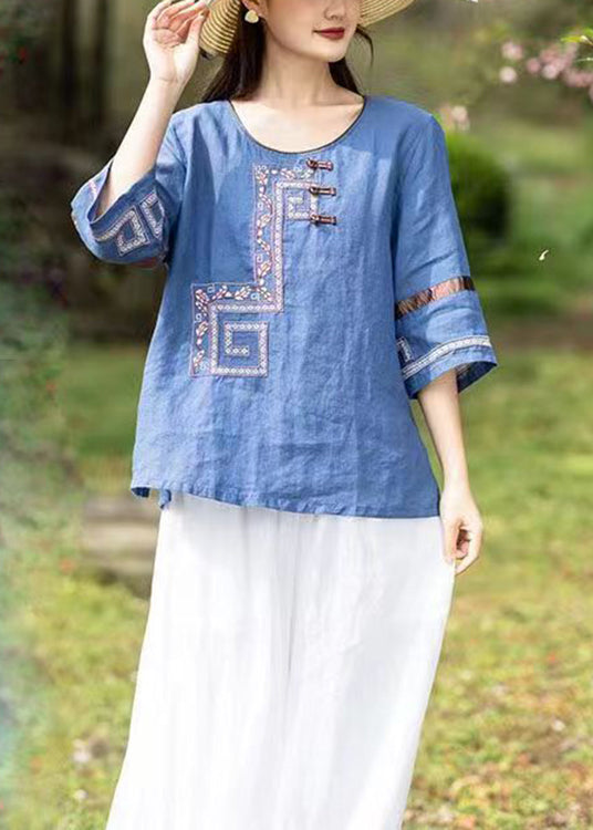 Loose Pink O-neck Embroideried Patchwork Linen T Shirts Bracelet Sleeve