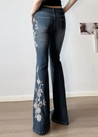 Slim Fit Blue Embroidered High Waist Denim Flared Trousers Summer
