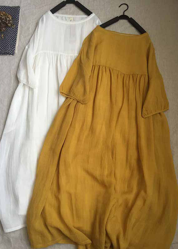 Yellow O-neck Patchwork Wrinkled Long Dresses Short Sleeve Summer