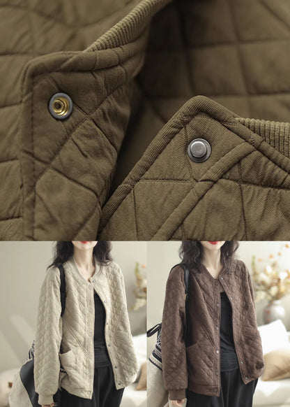Beige Stand Collar Pockets Fine Cotton Filled Jacket Winter